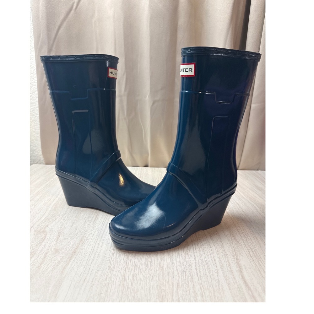 Hunter Original High Wedge Rain Boots Navy Blue Glossy Rubber Women Size 6